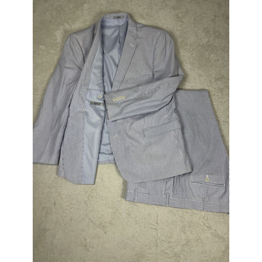 Adolfo Single Breasted Seersucker Men’s Summer Suit 50R 46W Blue Stripe Cool